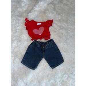 Build-A-Bear Workshop Red Heart Top Frog Blue Denim Shorts
